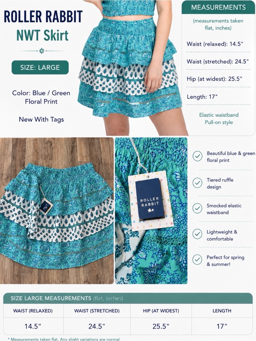 Roller Rabbit NWT Blue Green Floral Tiered Ruffle Skirt Size Large